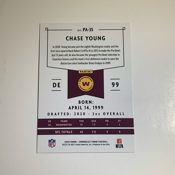 🏈 5/$50 2020 PANINI CHRONICLES PANINI #PA-35 CHASE YOUNG NFL TRADING CARD 🏈 - Picture 2 of 3